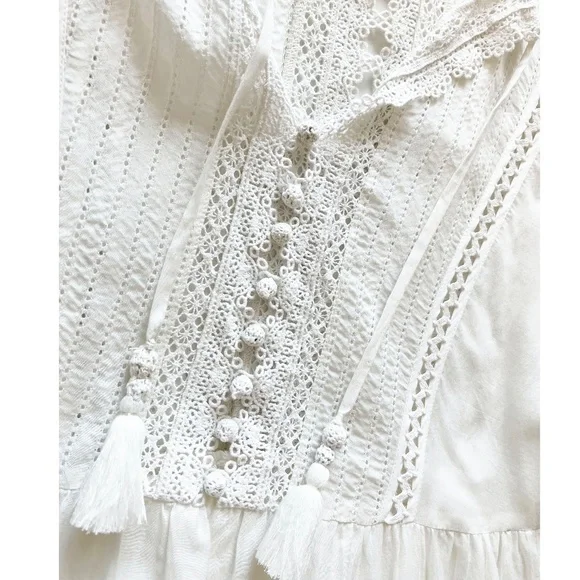 Sea New York Tie Neck Mini Dress White Size 4 Ruffle, Pom-Pom & Tassel Accents - Picture 4 of 14